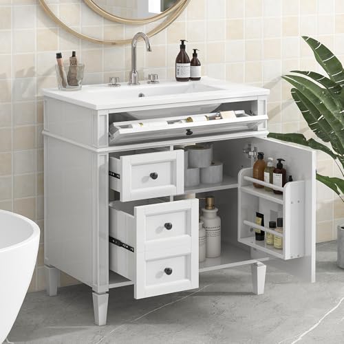 Virubi 30' Bathroom Vanity with Ceramic Sink, Modern Freestanding Storage Cabinet with 1 Door, 2 Drawers & Tip-Out Drawer, Solid Wood Frame