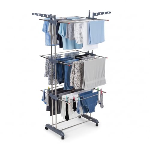 Image of amazon basics 3-Tier Stainless Steel Cloth Drying Stand | Foldable with Wheels | 5.8 ft Drying Space, 26 Rods, 16 Hanger Slots | Indoor & Outdoor Use | 174 cm