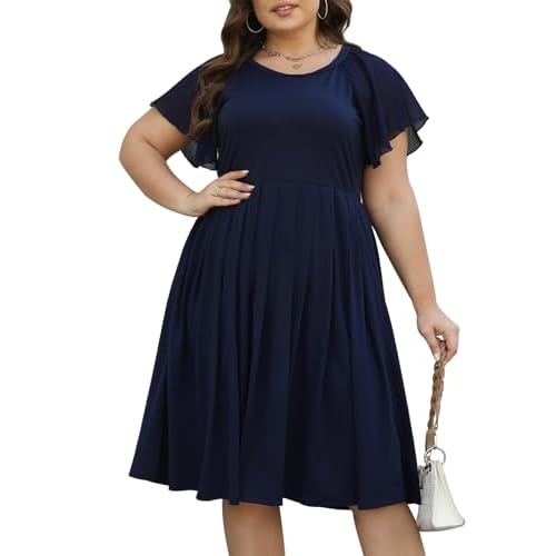 Celkuser Womens Round Neck Chiffon Short Sleeve A-line Midi Dress Casual Summer Dress Whith Pocket