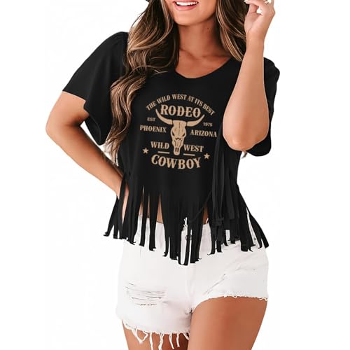 Western Rodeo Fringe Shirts for Women Cowgirl Cowboy Tshirt Cow Skull Vintage Country Music Graphic Tees Tassel Tops