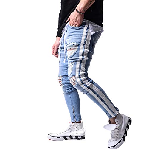 Andongnywell Men's Vintage Skinny Fit Destroyed Cotton Denim Pants Stretch Distressed Jeans Trousers2