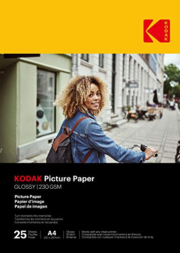 KODAK 9891266-25 hojas de papel fotográfico de 230 g m², brillante, tamaño A4 (21 x 29,7 cm), impresión de inyección de tinta