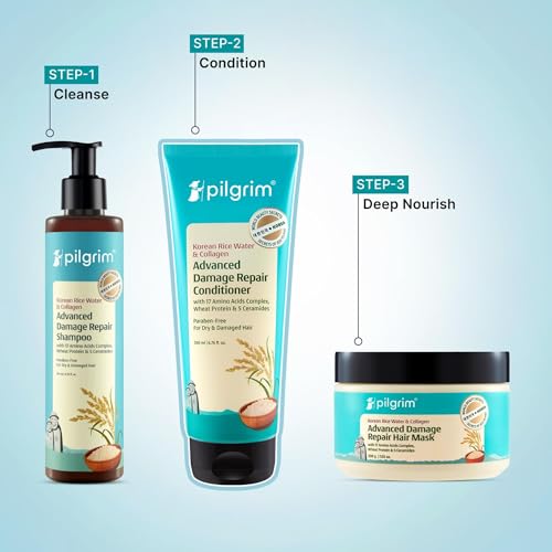 Image of Pilgrim Korean Rice Water & Collagen Advanced Damage Repair Conditioner - 200ml | With 17 Amino Acids, Wheat Protein & Ceramides | Paraben-Free | Deep Nourishment & Shine I For Women & Men