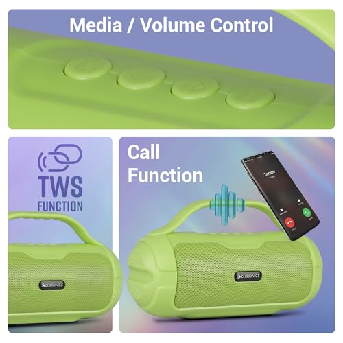 Image of ZEBRONICS Sound Feast 40 Portable Bluetooth Speaker, 8 Watts, Dual 5.2cm Drivers, Passive Radiator, Upto 10 Hours Playback, BTv5.3 | USB | mSD | TWS, Call Function, Deep Bass (Green)