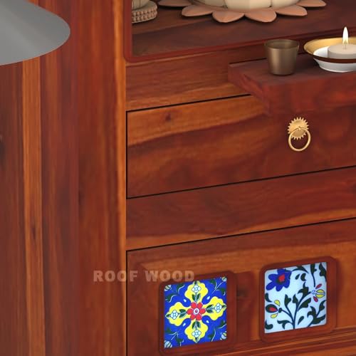 Image of Solid Wood Premium Sheesham Wood Temple for Home Big Size 5 Feet with Door Storage Cabinet Wooden Mandir for Pooja Room Honey Finish