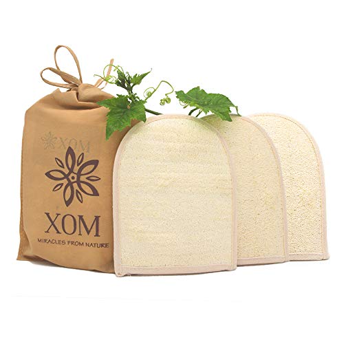 XOM Superb Exfoliating Gloves Loofah Body Scrubber, 100% Natural Loofah Sponge For Men And Women - Luxurious Spa-Like Skin Care (3 pads with 2 free hangers)