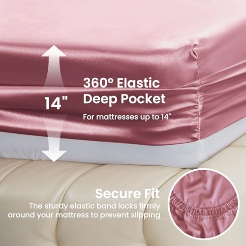 Image of Love's cabin Full Size Satin Sheet Sets - 4 Piece Rose Taupe Silky Sheet Set Full with Deep Pocket, Luxury Silk Feel Bed Sheets Full Bedding Set (1 Flat Sheet,1 Fitted Sheet,2 Pillow Cases)