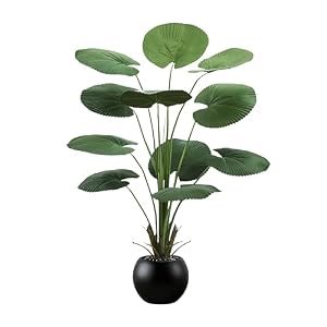 Artificial Fan Palm Tree: 5FT Fake Licuala Ruffled Fan Palm Plant Faux Tropical Plant Realistic Tall Floor Tree in Black Egg-Shaped Pot for Home Decor Office Patio Hotel Garden Indoor Outdoor