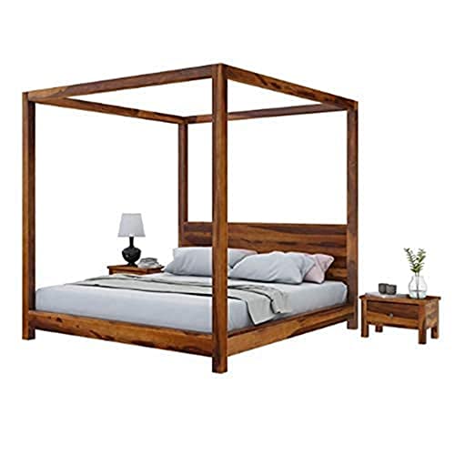 Image of TG Furniture Solid Sheesham Wood Grand Maldives Poster King Size Bed for Bedroom | Wooden Poster Bed for Home & Hotel | Palang Double Bed Cot Without Storage | 78 x 72 Inch | Honey Finish