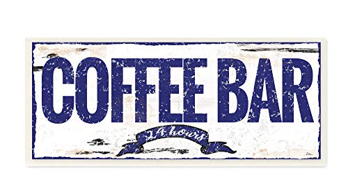 The Stupell Home Décor Collection Blue and White Rustic Coffee Bar 24 Hours Sign with Ribbon Wall Plaque Art, 7 x 0.5 x 17