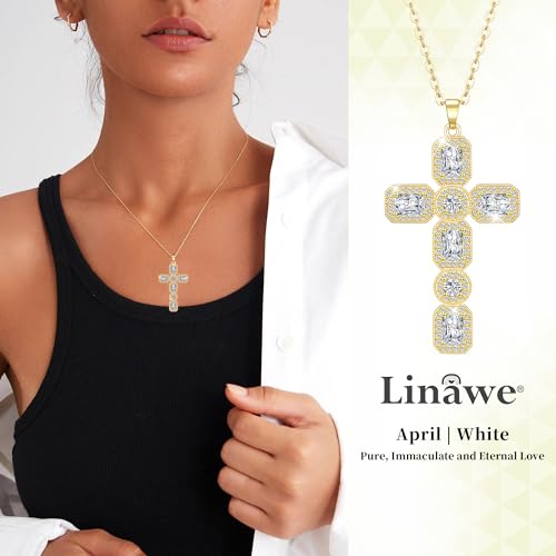 Linawe Cross Necklace for Women, Gold/Silver Jewelry Cross Charm Chain Necklaces, Moissanite Crystal Birthstone Cubic Zirconia Rhinestone Necklace, Religious Gifts2