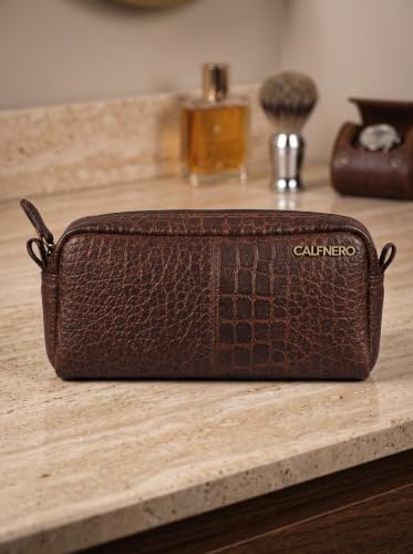 Image of Calfnero Genuine Leather Toiletry Bag for Men & Women | Premium Leather Travel-Pouch | Toiletry Organizer | Cosmetic & Shaving Kit Bag | Unisex Travel Dopp Kit (Cognac-Croco)