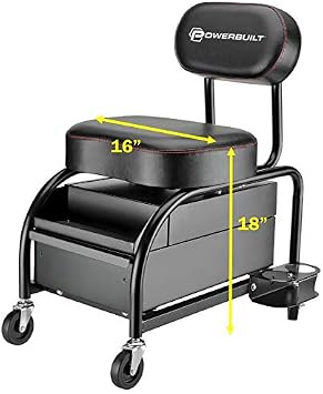 Powerbuilt Professional Car Detailers Mechanics Roller Seat, Heavy Duty Garage Stool with Thick Padded Seat and Backrest, 2 Sliding Storage Drawers, Tool Tray, Can Holders, 3in. Swivel Casters240299