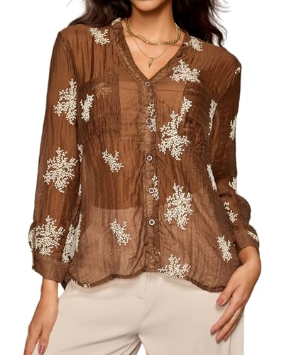 Women's Long Sleeve Sheer Floral Embroidered See Through Button Down Blouse Lightweight Boho V Neck Shirts
