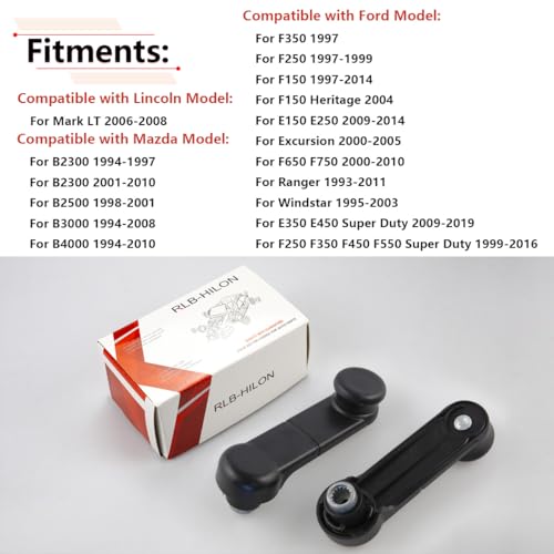 Image of RLB-HILON 1Pair Window Crank Handle Compatible with Ford Lincoln and Mazda Models, for E-Series F-Series Super Duty Excursion Ranger Mark LT B2300 B2500 B3000 B4000, Black Color