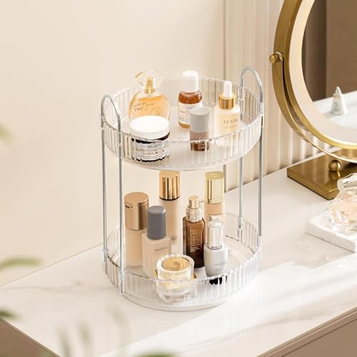 Image of Golden bird 360 Rotating Makeup Organizer Stand Cosmetic Storage with Hooks, Dressing Table Organiser, Organizer Storage Box for Make-up Accessories (Clear White, 2 Tier)