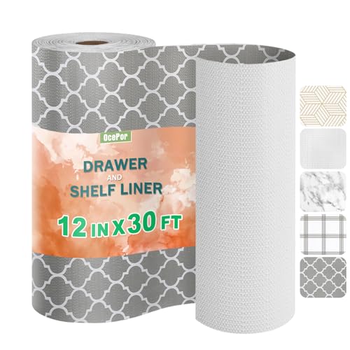 OcePor Non-Adhesive Drawer and Shelf Liner 12IN x 30FT，Non Slip Cabinet and Cupboard Liner, Kitchen Cabinet Liners for Shelves, Waterproof Drawer Shelf Liners for Cabinets/Bathroom Cupboard