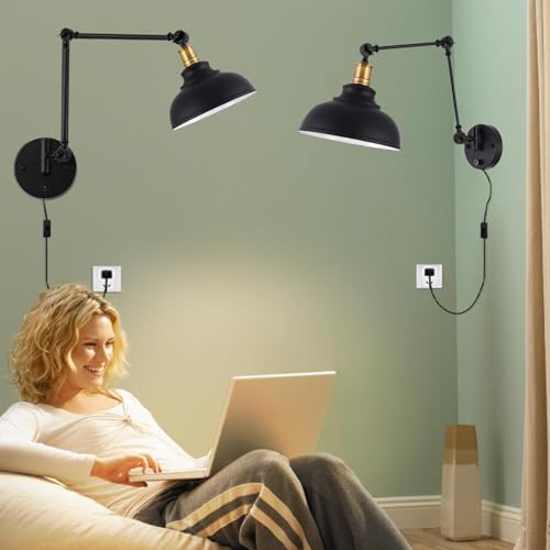 Lámpara de Pared Retro E27 con Interruptor, lámpara de Brazo oscilante Largo Ajustable, de Hierro Industrial Negro, decoración Interior para Dormitorio y Oficina.