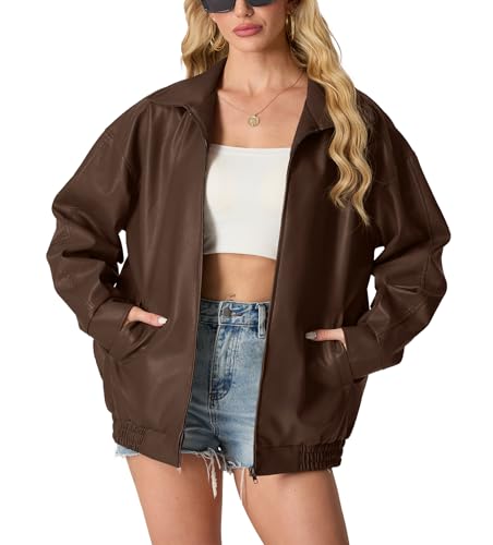 Lepunuo Leather Jacket for Women Oversized Faux Leather Moto Biker Coat Fall Fashion Winter Outfits Y2K Streetwear