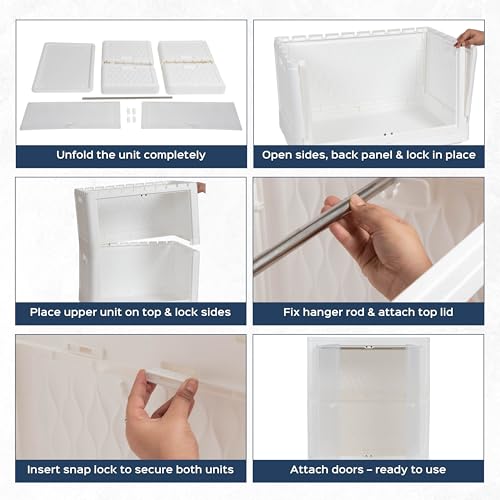 Image of HomeStrap Foldable Plastic Wardrobe for Clothes, Toys & Office | Stackable Storage Cabinet with Wheels, Transparent & Magnetic Doors | Multipurpose Organizer for Bedroom, Kitchen | White