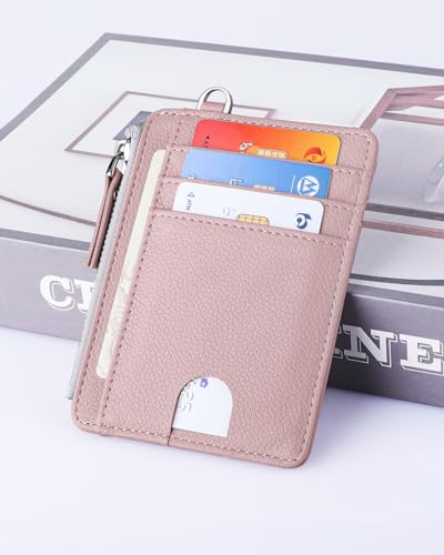 Image of Teskyer Slim RFID Wallet for Women, Small Card Holder with Zip Pocket, Dark Pink, 3.5 inch x 4.7 inch, Minimalist | Zip Pocket for Cash Coin, 1 ID Window & 7 Card Slots, Ultra Slim Design, D-Ring for Neck Lanyard, for Daily Carry and Travel