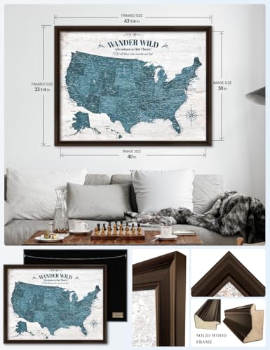 Image of IPIC - Large Custom USA Map Wall Art, Push Pin Map with Custom Names to Track Your Travels, Vintage Teal Framed Canvas Wall Decor for Home, Office or RV, Made in USA