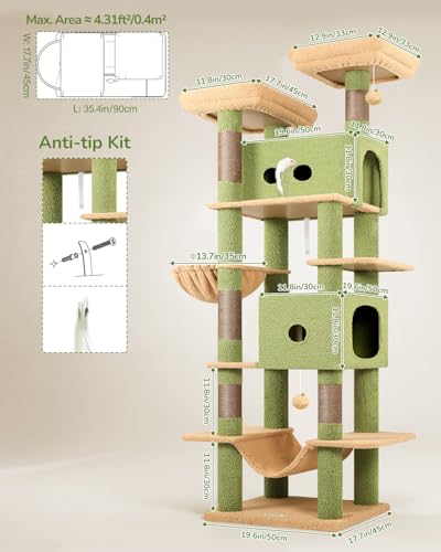 Image of Globlazer Cactus Heavy Duty Cat Tree Tower 80in Tall Extra Large Cat Tree Tower for Multiple Indoor Cats Large Adult with Scratching Posts, 2 Spacious Condos, Padded Perches, Soft Hammock, S80B, Green