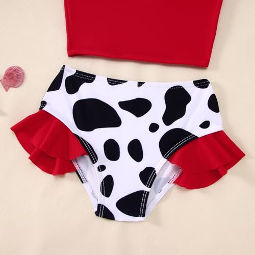 BOUTIKOME Toddler Baby Girl Two Piece Swimsuit Cow Print Swimwear Knot Top Flared Bottom Bikini Set Beach Bathing Suit 1-6T(Red,3-4T) - Thumbnail 4
