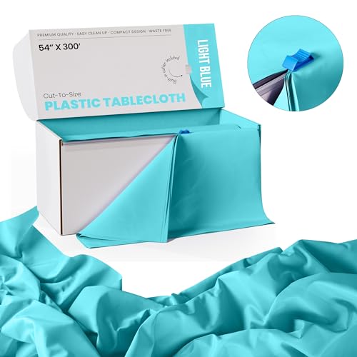 Image of Exquisite Light Blue Plastic 54x300 inches Tablecloth Roll with Built-in Cutter, 300 Feet, Rectangular, All-Season, 1 Count