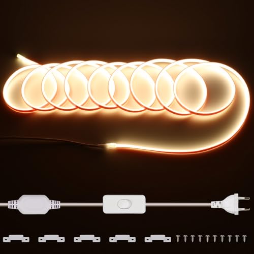 220V Ruban LED COB Exterieur Etanche 10M, 288 Led/m Strip Blanc Chaud 3000K sans Transformateur, Flexible Découpable Bande LED avec interrupteur IP65 pour la décoration intérieure, Chambre, la cuisine