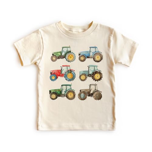 Farm Tractors In A Row Toddler Shirt - Tractor Lover Farming Kid's Outfit - Green, Red, Blue Tractor Obsessed Toddler Gift Idea - Boho Natural Toddler & Youth Tee