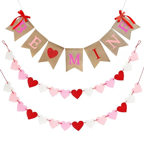 Valentines Day Burlap Banner, Valentines Decor for Home, Be Mine Hanging Banner & 28 Pcs Felt Heart Garland Banner Decor for Mantle Fireplace Wall, Decorations Pre-Assembled - No DIY Required by CNVOILA - Used condition - US$6.33