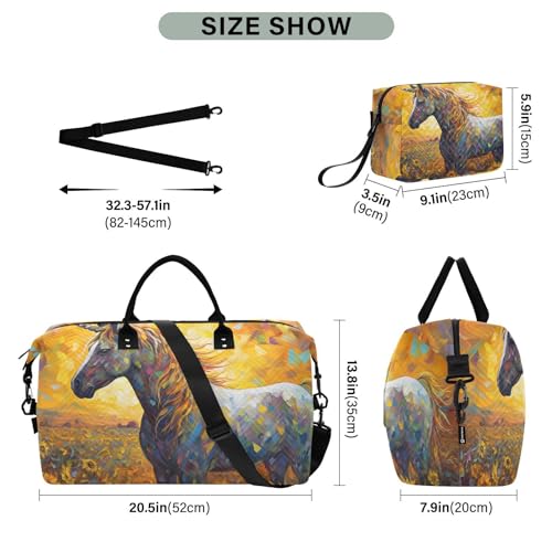 Large Travel Duffel Bag, Oil Painting Sunflower and Horse Sports Tote Gym Bag, Shoulder Weekender Overnight Bag for Women Men, Carry On Luggage with Toiletry Bags3