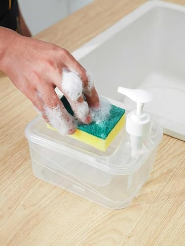 Image of MARKWELL 2-in-1 Liquid Soap Dispenser with Scrubber, 700ml Liquid Capacity Soap Pump, Multipurpose Kitchen Countertop Dish Washing Container, Compact Pump Bottle with Sponge