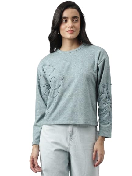 latin quarters Women's Green Round Neck Casual Solid Sweatshirt-picture-43
