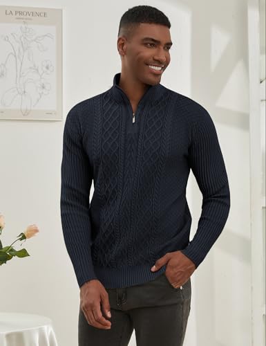 Men's Quarter Zip Up Sweater Cable Knit Long Sleeve Twist Patterned Textured Half Zip 1/4 Pullover Sweaters Fall2