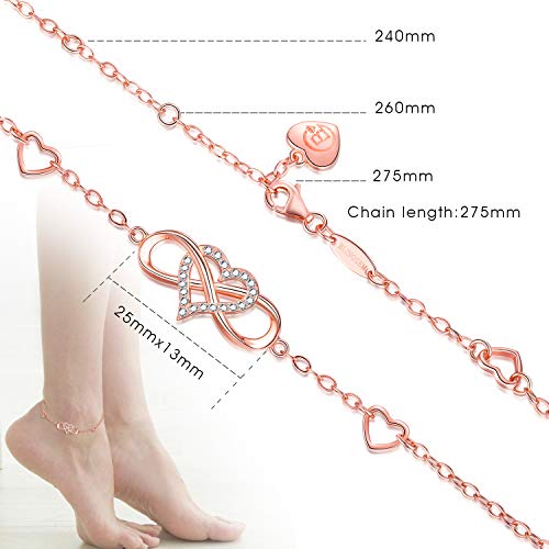 Blinggem Anklet Bracelets For Women Infinity Heart Charm Rose Gold Plated 925 Sterling Silver Cz Infinity Heart Rose Gold Anklets For Women Birthday Christmas Anniversary Valentine's And Mother's Day Gifts For Women Wife Mom Girlfriend Daughter Friend Her #TOP1