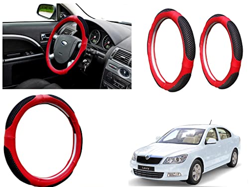 Image of Microfiber Car Steering Wheel Cover, Soft Padding Great Hand Feel, Anti-Slip, Faux Leather Steering Cover for Skoda Laura | Black Red Jali - Pack of 1