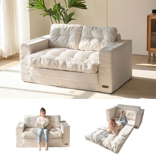 MAXYOYO Convertible Sofa Bed, Pull Out Loveseat Sleeper Sofa, 2 in 1 Folding Couch Bed, Fold Out Floor Couch with Pillows for Living Room Bedroom Lounge, Beige