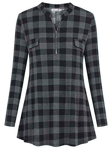 kissmay Plus Size Womens Plaid Shirt Zip V Neck Floral Casual Tunic Blouses Tops Black 3X