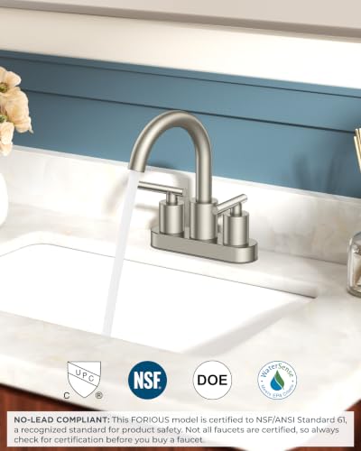 Image of FORIOUS Brushed Nickel Bathroom Faucet 2 Hole, 4 Inch Centerset Bathroom Sink Faucet Brushed Nickel with Pop-up Dain, 24 inch CUPC Hoses, 360 Swivel Gooseneck for RV Basin