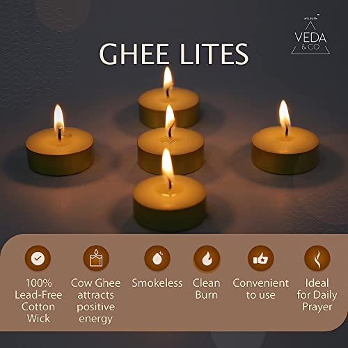 Image of Welburn Veda&Co Ghee Tealight Candles - Pack of 25, Upto 4 Hours Burning Time, Pure Cow Ghee Diya for Puja in Beautiful Gold Color Cup, Candles for Home Decor, Pooja, Home, Temple (Pack of 25)