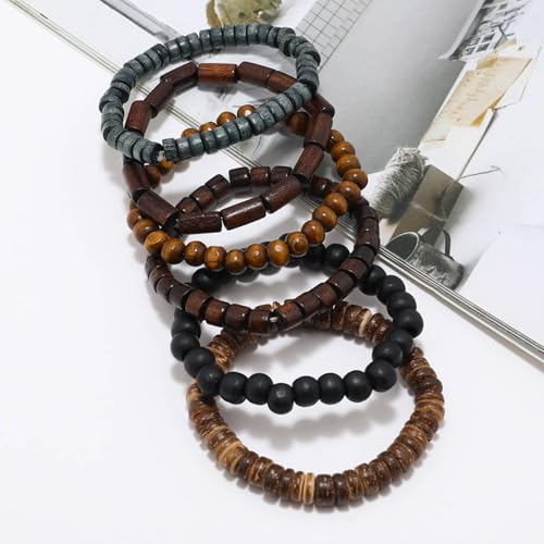 Eigso 6Pcs Wooden Beads Cuff Bracelets for Women Men Unisex Tibetan Buddhist Wrap Wood Wristband Bangle for Woman Man3