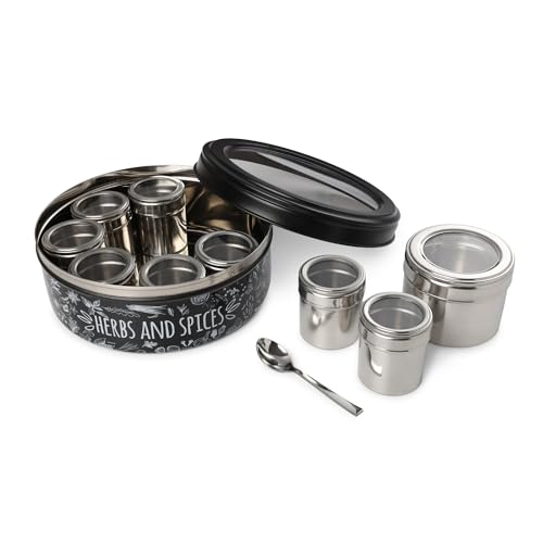 dudki 9 in 1 Herbs & Spice | Spice Box | Stainless Steel Handcrafted Spice Box | Stylish Masala Dani for gift | See through lid 9 containers and Spoons | Matt- Black (2.5 Ltr | X-Large | 22.5cm)