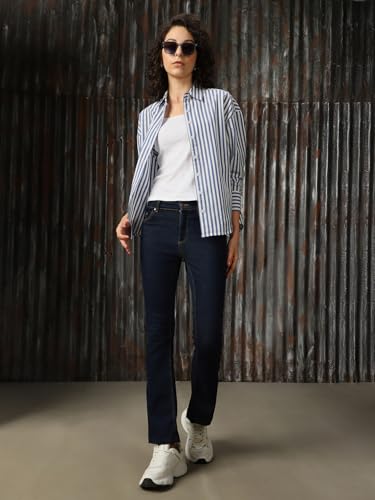 Image of High Star Women Cotton Striped Oversized Fit Collar Full Sleeves Shirts
