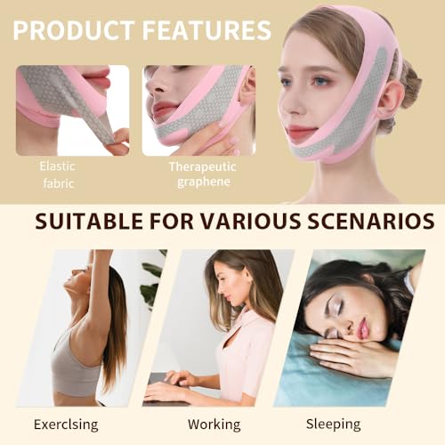 CGYISOL Graphene V Line Lifting Mask, Face Lifting Belt for Sleeping, Adjustable Lifting Straps, Double Chin Reducer, Jawline Physical Shaping Tool & Breathable Face Slimming Mask, Pink — view 6