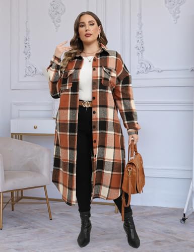 CYCLAMEN 2024 Women's Plus Size 1X-5X Long Flannel Plaid Shacket Jacket Calf-Length Button Down Coat Shirt Pocket Fall Winter3
