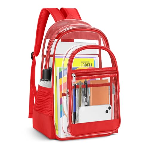 Image of KIMNERPU Clear Backpack, Heavy Duty PVC Transparent Backpack with Reinforced Straps, See Through Multiple Pockets Large Capacity Bookbag for Concert Work Security Travel Festival (Red)