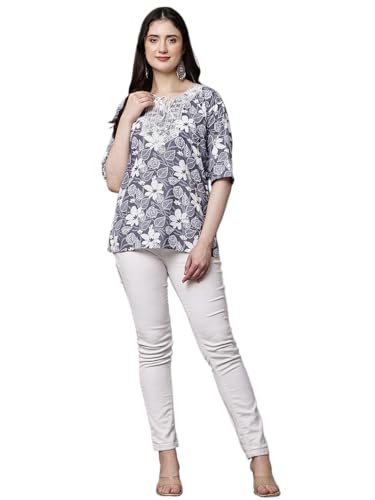Image of Women's Red Printed Short Kurti with Lace Trim, 3 /4 Sleeves, Round Neck, Ethnic Style