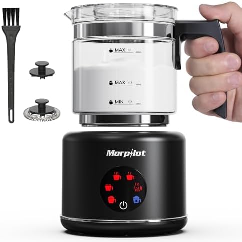 Morpilot Milchaufschäumer Elektrisch, 6 in 1 Milchschäumer für heißer, kalter und heißer Schokolade, 130-500ml, 600W, Latte-Design, Spülmaschinenfest, Visuelles Glas